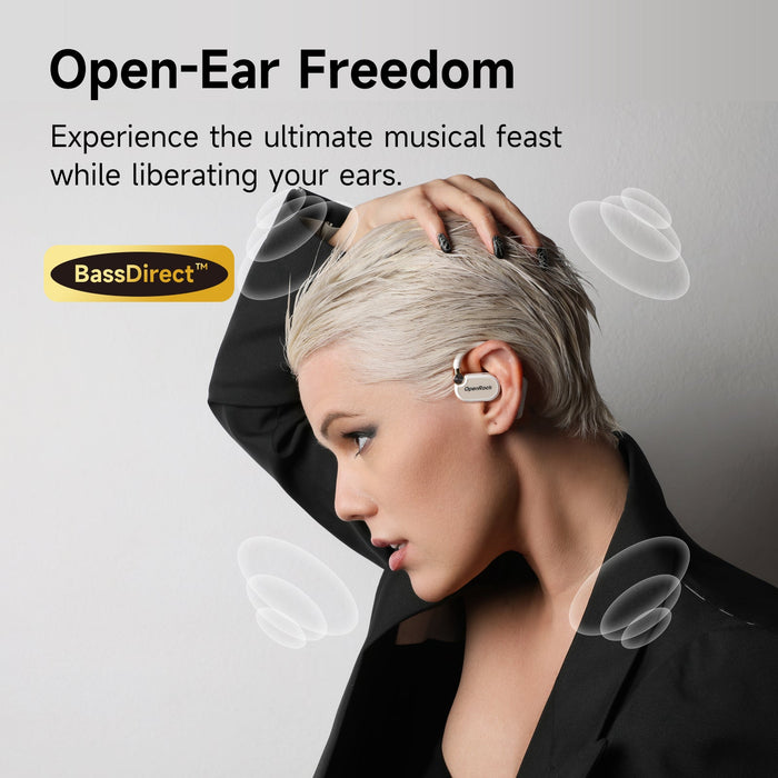 OneOdio OpenRock X - Open Ear True Wireless Headphones Sports Earbuds, Bluetooth 5.3, Strong Bass, 4-Mic ENC, Uppgraderade justerbara Silicon Earkrokar, 48 timmars speltid, Svettbeständig, Smart App, Kompatibel med iPhone & Android