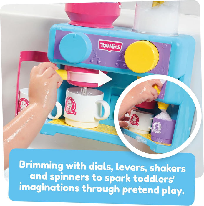 Toomies Bath Barista - Pretend Cafe Baby Bath Toys - Wall Mounted Bubble Bath Play Kitchen Toddler Toys - Kids Kitchen Set Includes 3 Cups, 1 Jug, 1 Shaker - +18 Months Boys Toys & Girls Toys