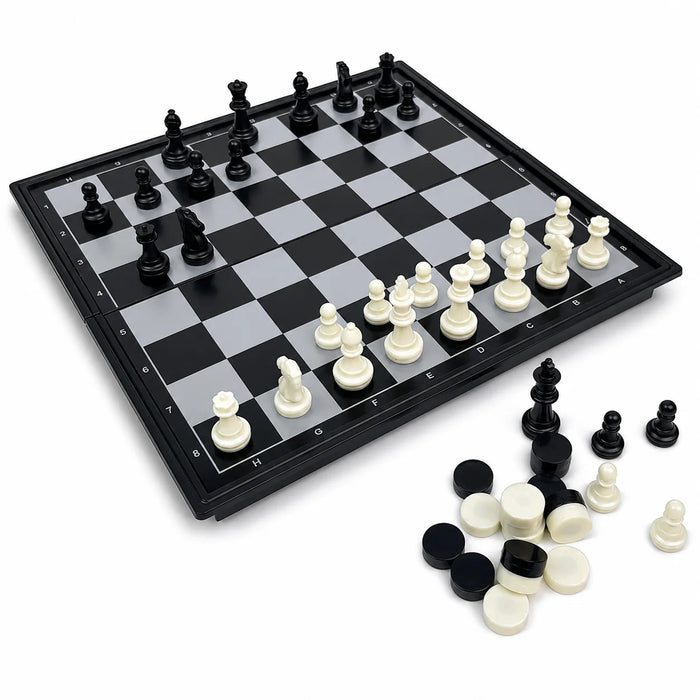 3-in-1 Folding Magnetic Chess, Checkers & Backgammon – 19.1 x 19.7cm Travel Set