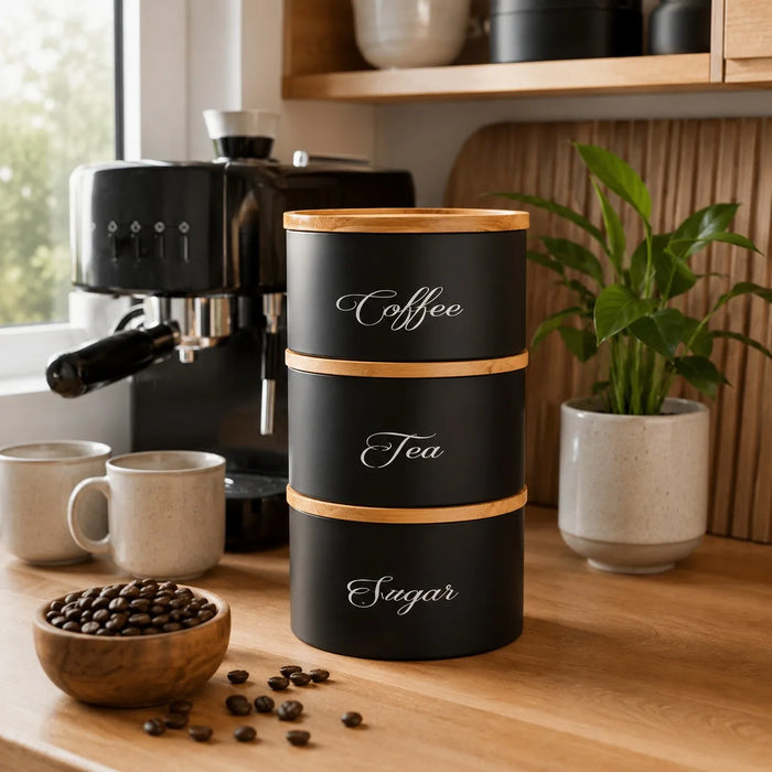 3-Piece Stackable Canister Set with Bamboo Lids — Powder-Coated Metal Kitchen Storage
