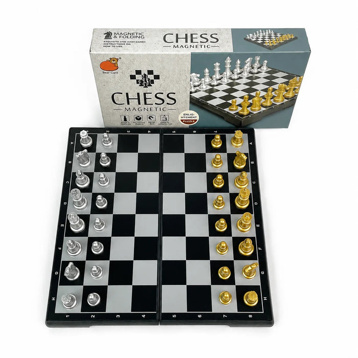 19 x 19cm Folding Magnetic Chess Set — Gold & Silver with Carry Box
