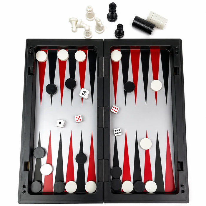 3-in-1 Folding Magnetic Chess, Checkers & Backgammon – 19.1 x 19.7cm Travel Set