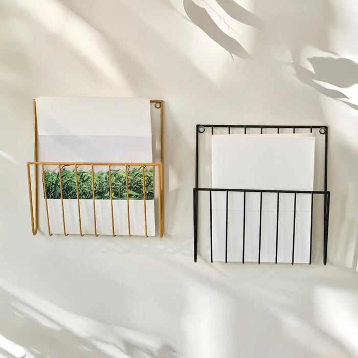 Wall-Mounted Iron File Holder — Single-Tier Magazine & Letter Rack (Gold or Black)