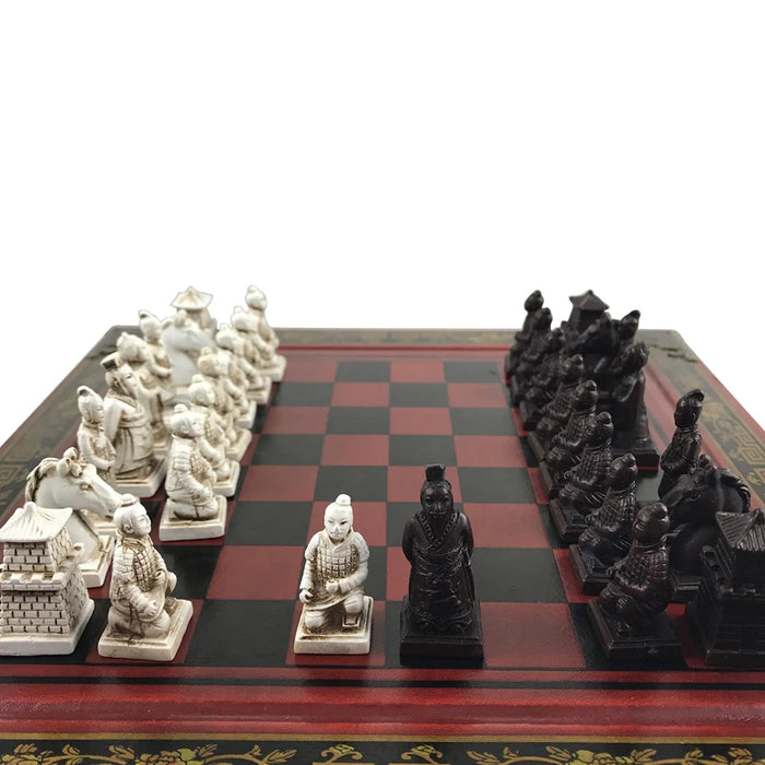 Retro Terracotta Warriors Chess Set – 26cm Wooden Board with Resin Pieces
