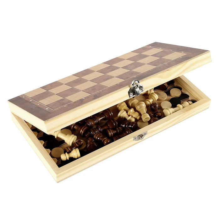 3-in-1 Folding Wooden Chess Board – Portable Chess, Checkers & Backgammon (24cm)