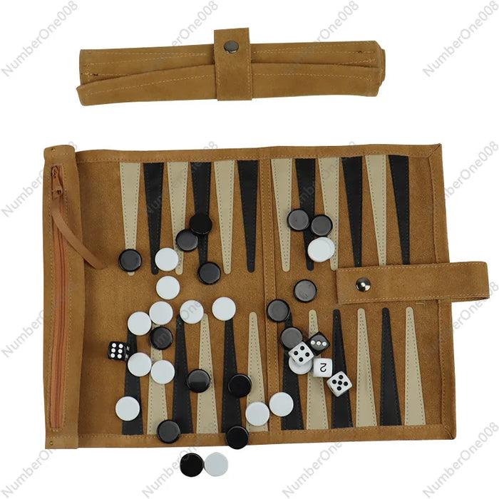 Portable Roll-Up Chess & Backgammon Set with Suede Case and Black & White Pieces