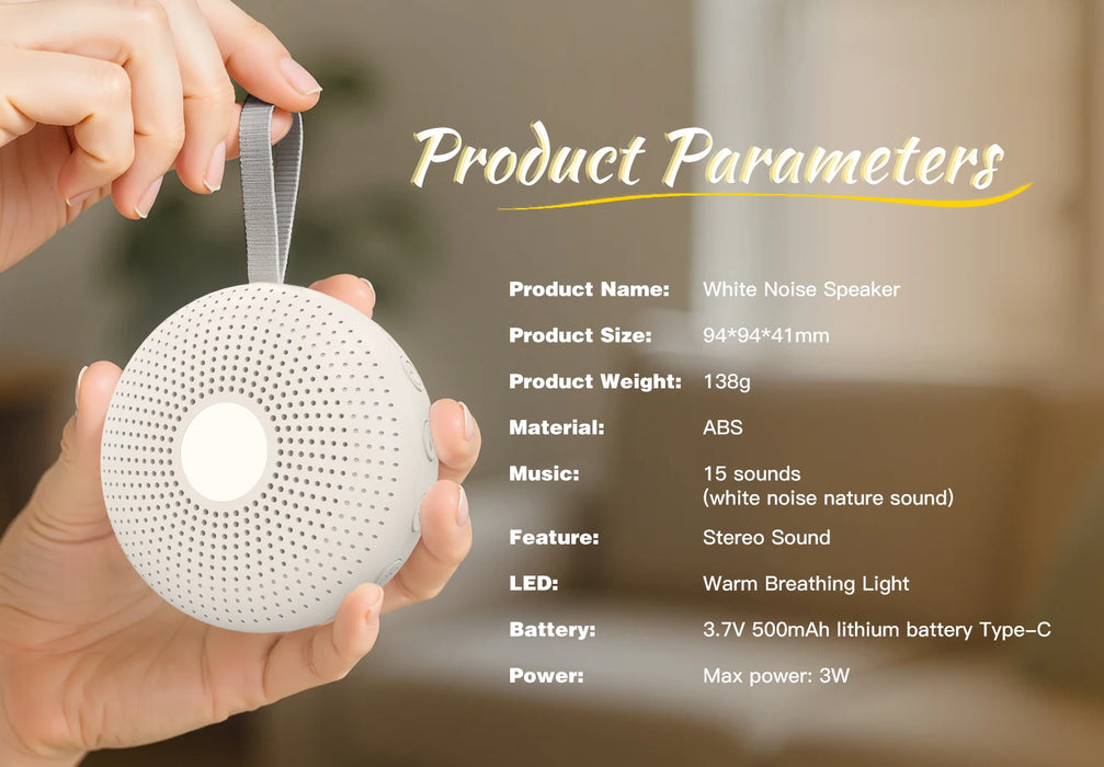 Portable Sleep Sound Machine for Baby & Adult — 15 Sounds, Cry Detection, Night Light, Timer (Rechargeable)
