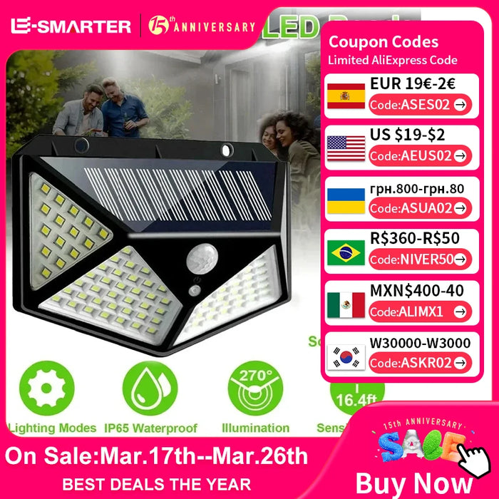 Solenergi LED-lampa - Multifunktionell solenergidriven strålkastare, vattentät, med rörelsesensor - Idealisk för utomhus trädgårdsdekoration