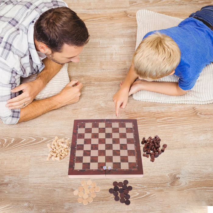 29 x 29 cm Foldable 3‑in‑1 Wooden Chess Set — Chess, Checkers & Backgammon, Non‑toxic