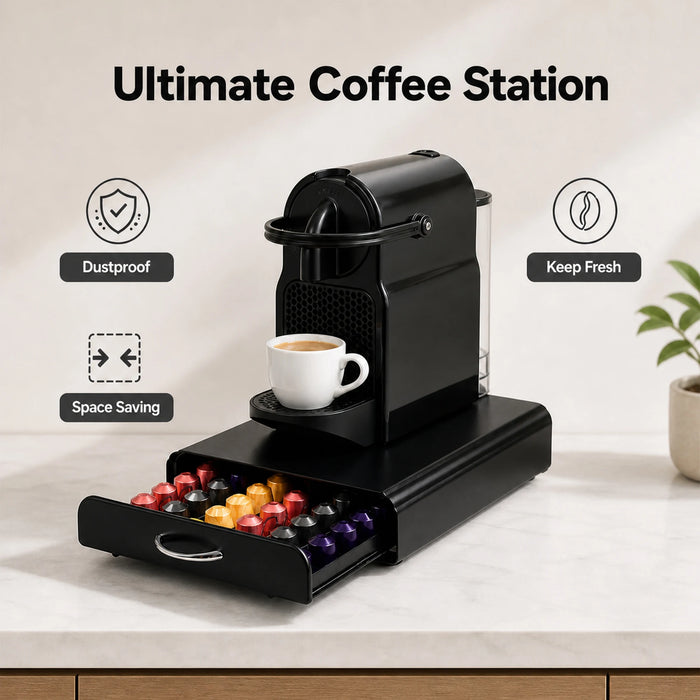 Coffee Pod Drawer & Machine Stand — Dust‑Proof Black (Holds 54 Pods)