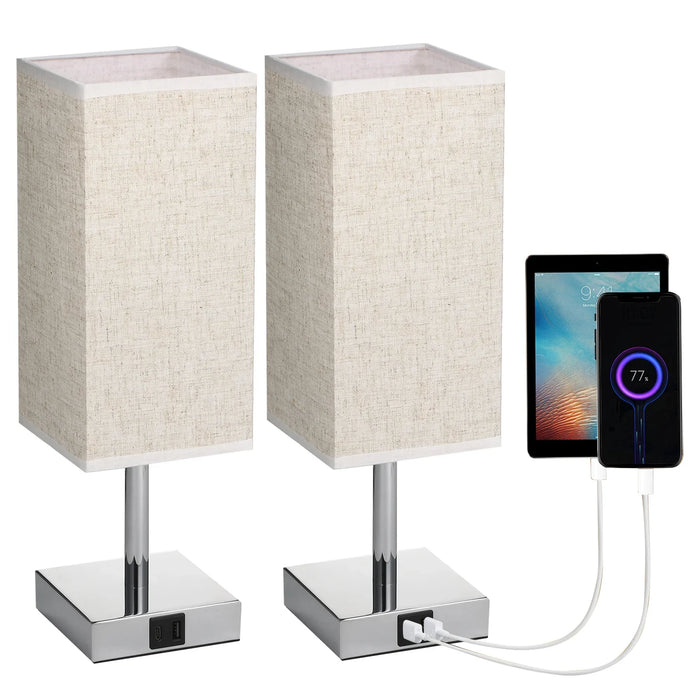 Bedside Table Lamp with Fabric Shade - Warm White LED Bulb, Touch Control, Desk Light, USB A and Type-C Charging Ports - Ideal for Nightstands, Work Desks and Study Areas