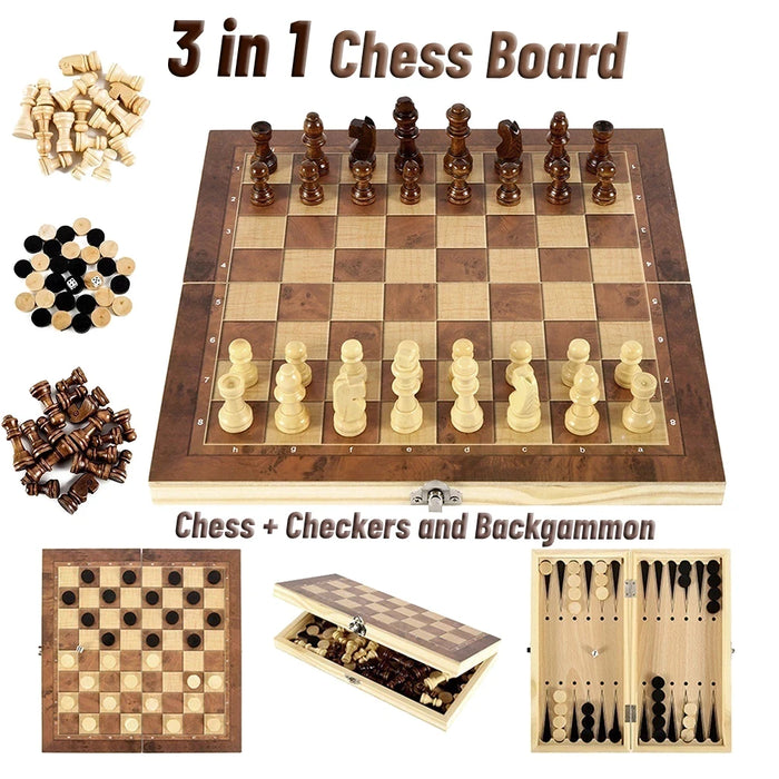 3-in-1 Board Game Set – Chess, Checkers & Backgammon with Dice