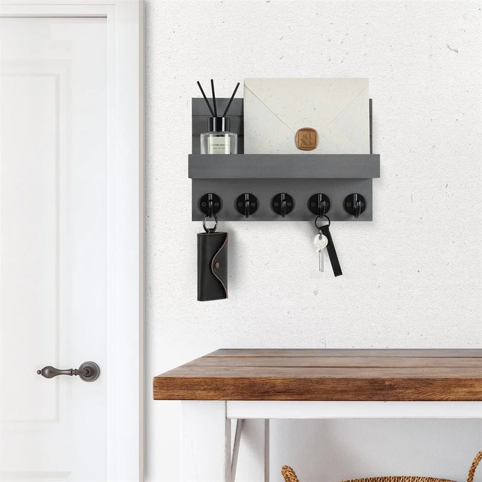 Wall-mounted Wooden Key and Mail Shelf with 5 Hooks