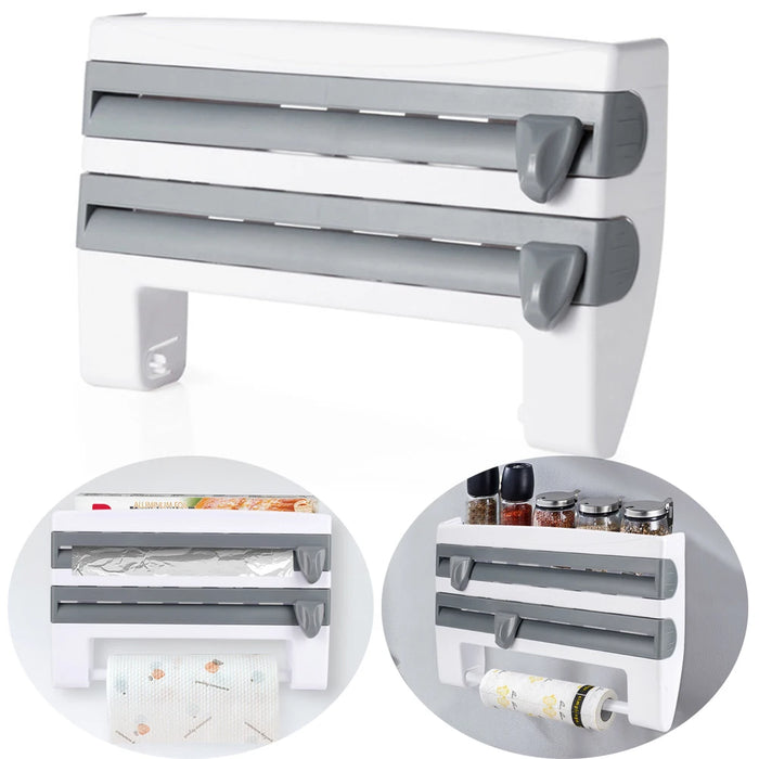 Wall-Mounted Wrap Dispenser with Cutter — Grey ABS, 39 x 24 x 10 cm