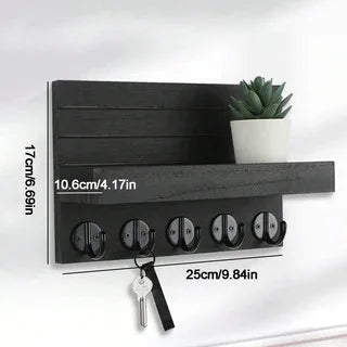 Wooden Wall-Mounted Key Holder with Mail Organiser | 5 Hooks (Dark Khaki/Black)