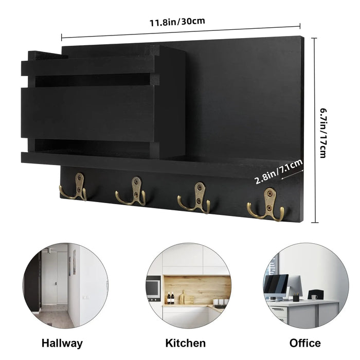 Wooden Wall-Mounted Key and Mail Holder — Rustic Letter Sorter with 4 Hooks