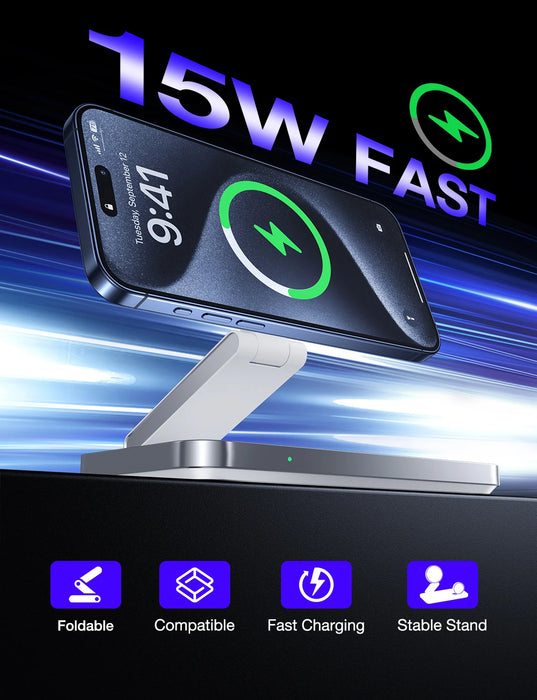 Magnetic 3-in-1 Foldable Fast Wireless Charger Stand for iPhone, Apple Watch & AirPods