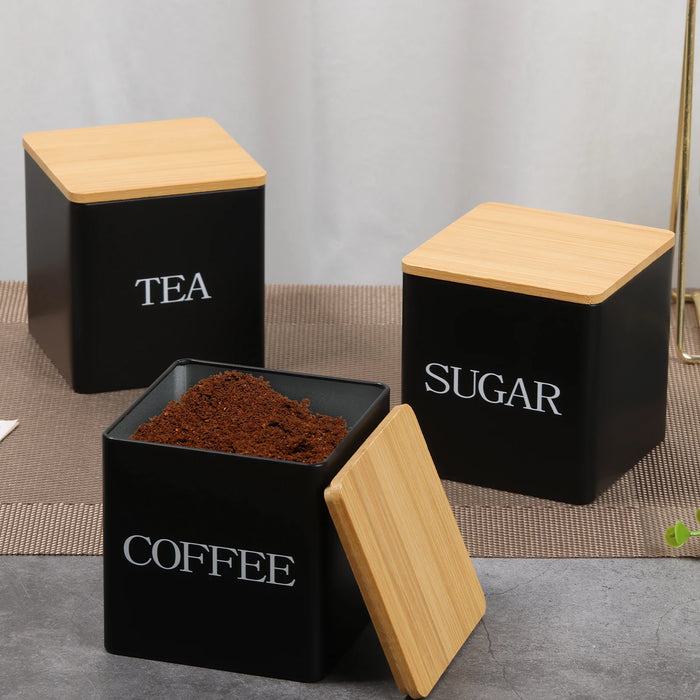 3‑Piece Coffee, Tea & Sugar Canister Set — Metal Jars with Bamboo or Iron Airtight Lids