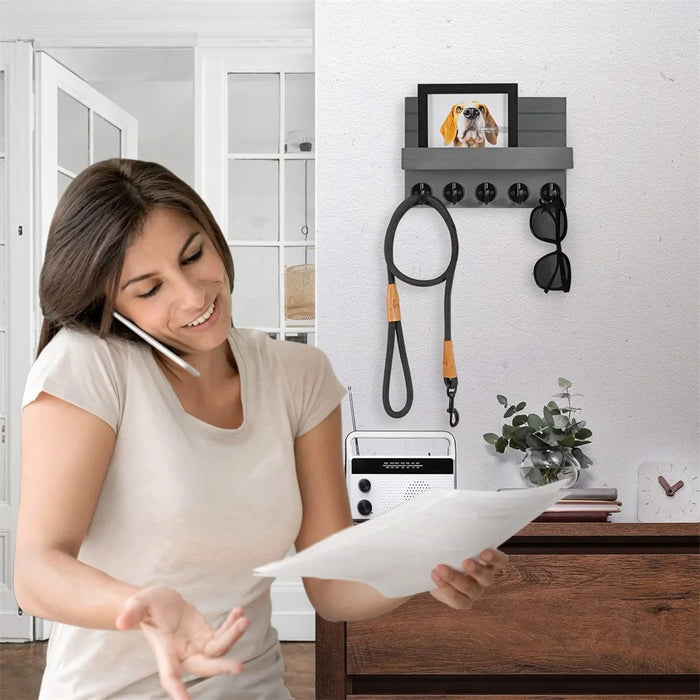 Wall-mounted Key and Mail Shelf with 5 Hooks - Wooden Entryway Rack