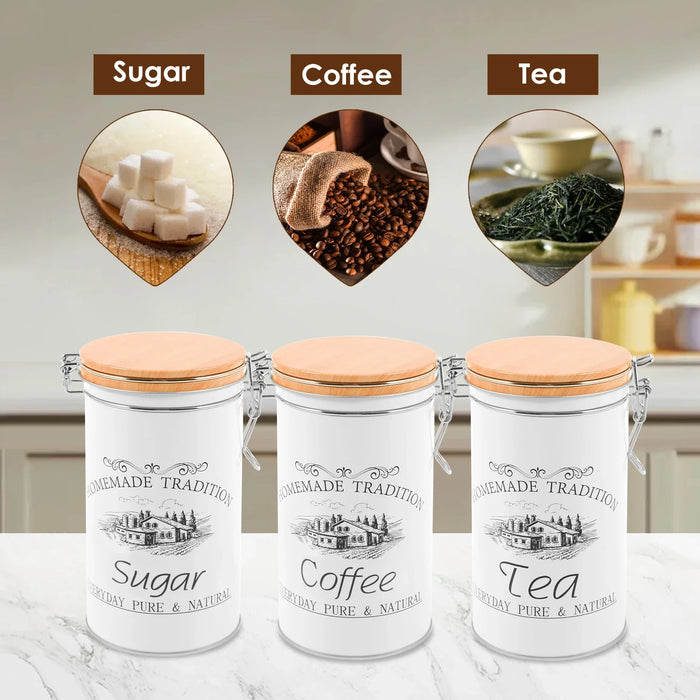3‑Piece Metal Tea, Coffee & Sugar Canister Set with Bamboo Lids
