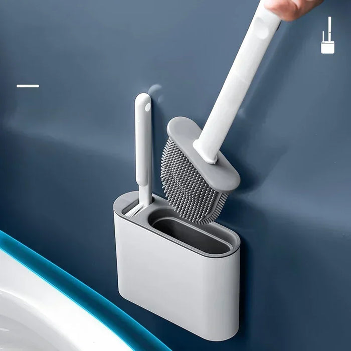 Silicone Toilet Brush with Flat Flexible Head and Wall-Mounted Holder