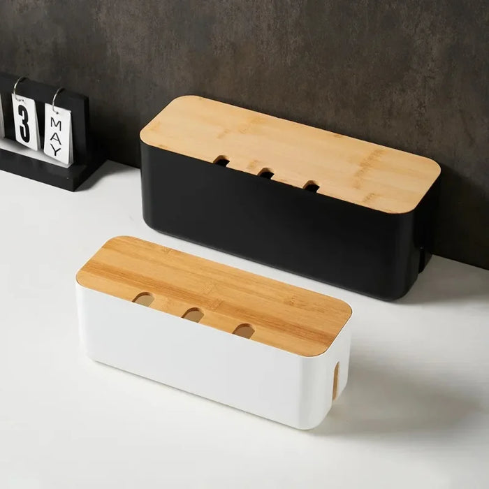Cable Management Box with Bamboo Cover — Hide Power Strips & Desk Wires