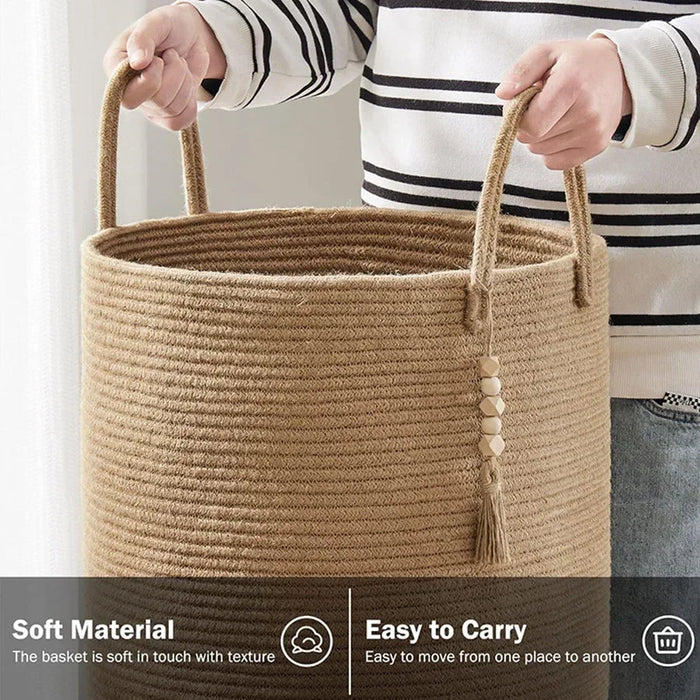 Large Tall Foldable Woven Storage Basket — Cotton-Rope Laundry Hamper