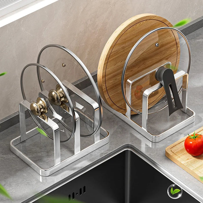 Stainless Steel Cutting Board & Pot Lid Organiser — Space-Saving Countertop Rack
