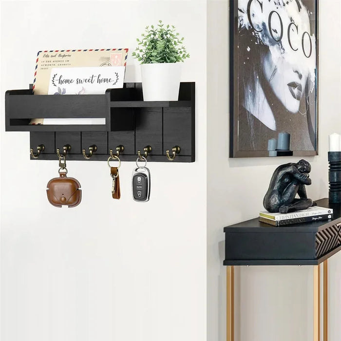 Rustic Wooden Key Rack & Mail Organiser — 6 Hooks with Shelf