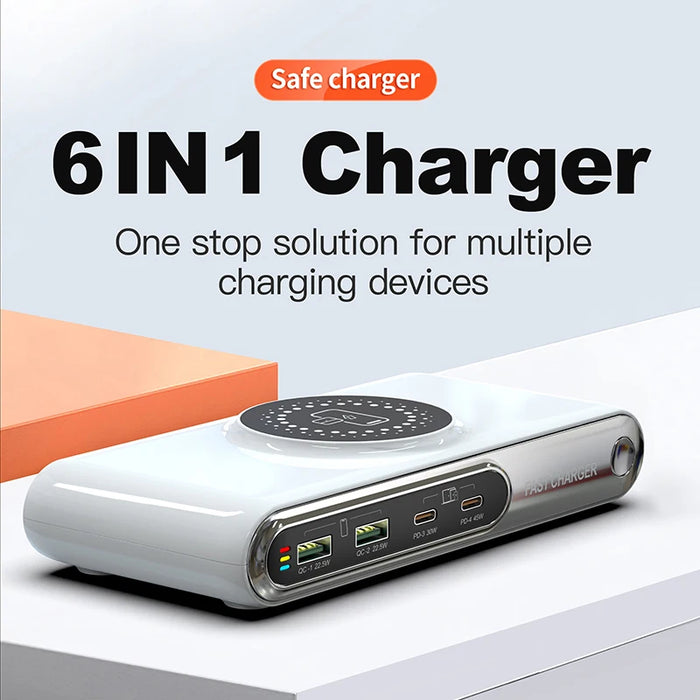 5-in-1 USB-C Charger Station 72W — 4-Port + Magnetic Wireless (PD45W) with LED colour nightlight F9A