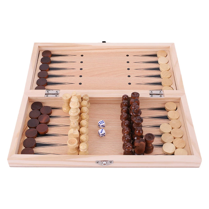 29 x 29 cm Foldable 3‑in‑1 Wooden Chess Set — Chess, Checkers & Backgammon, Non‑toxic