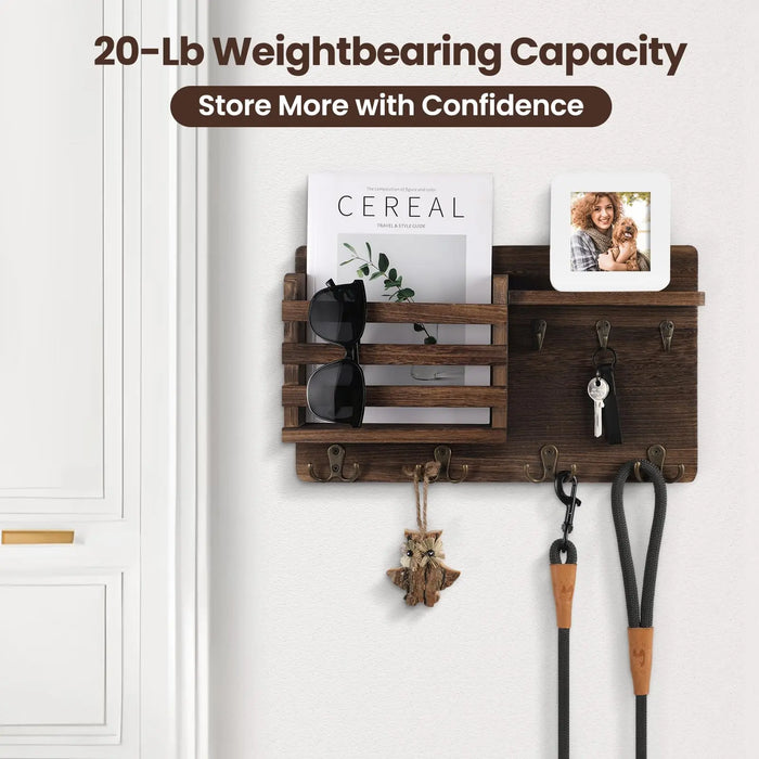 Rustic Wall-Mounted Mail Organiser with Key Hooks & Floating Shelf