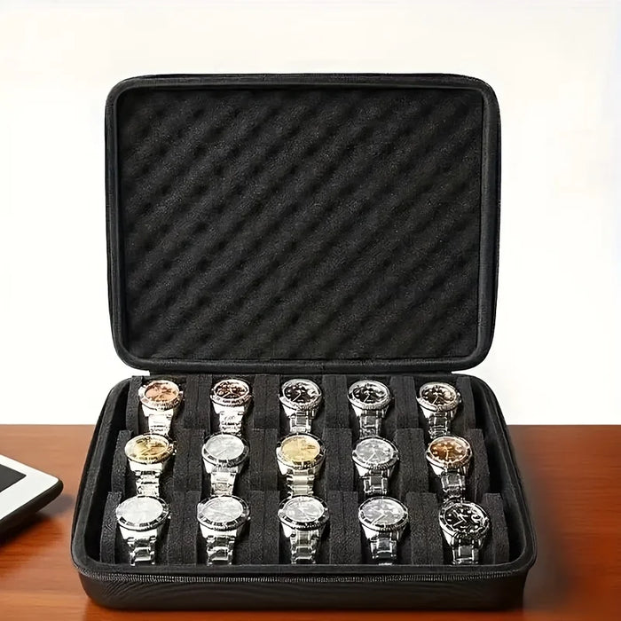15-Slot Watch & Jewellery Storage Box — Velvet, Portable, Black