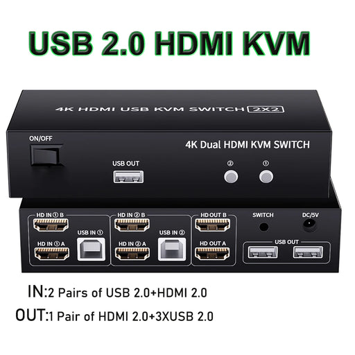 Dual Monitor HDMI KVM Switch 2X2 USB 3.0/2.0 4K 60Hz Extended Dispaly HDMI KVM Switch 2 Monitors 2 Computers USB sharing KVM