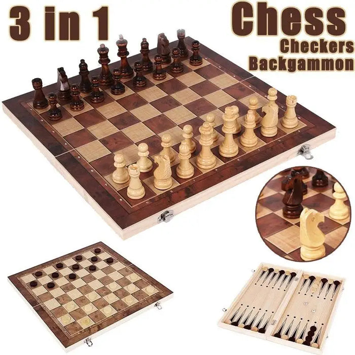 3-in-1 Folding Wooden Chess Board – Portable Chess, Checkers & Backgammon (24cm)