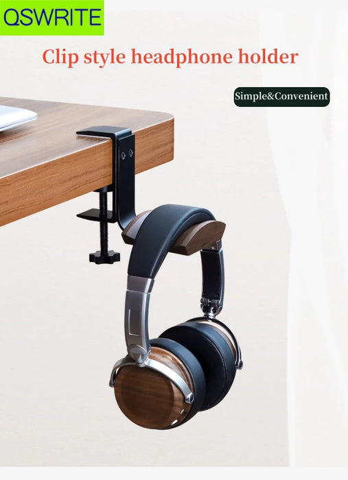 Clip-style Desktop Headphone & Earphone Holder — Aluminium Alloy & Solid Wood
