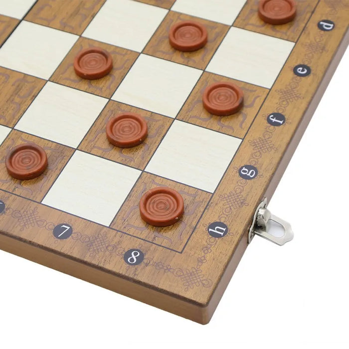 3‑in‑1 Foldable Wooden Travel Board — Chess, Checkers & Backgammon