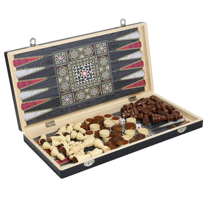 Luxury Knight 3-in-1 Wooden Foldable Game Board — Chess, Checkers & Backgammon