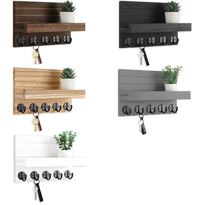 Wall-mounted Key and Mail Shelf with 5 Hooks - Wooden Entryway Rack