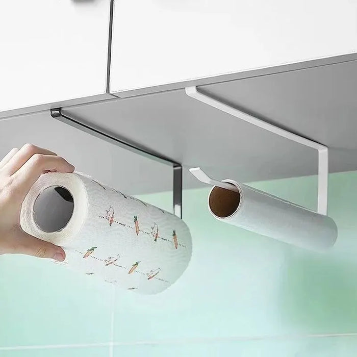 Paper Roll Holder — No-Drill Under-Cabinet Towel & Cling Film Rack (White/Black)
