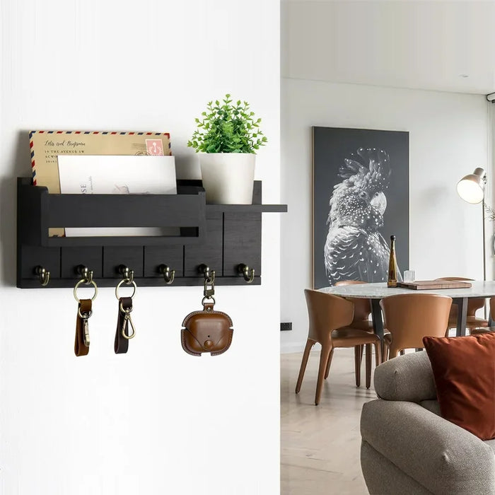 Rustic Wooden Key Rack & Mail Organiser — 6 Hooks with Shelf