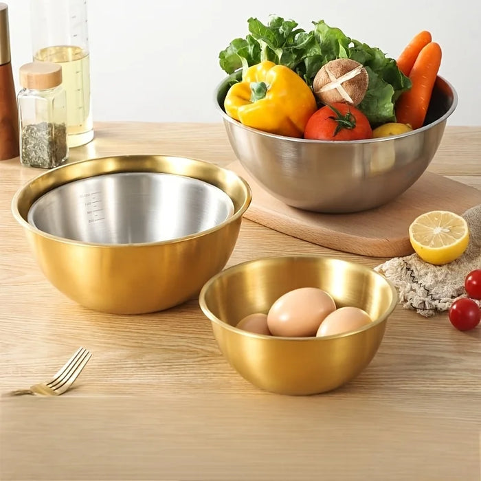 3pc Stainless Steel Mixing Bowl Set — Large Salad & Dough Bowls, Kitchen Accessories (Gold or Silver)