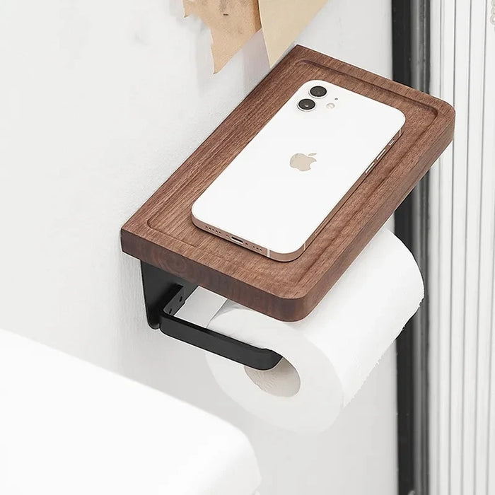 Wooden Toilet Roll Holder with Shelf — Wall-mounted, Rustproof Matt Black