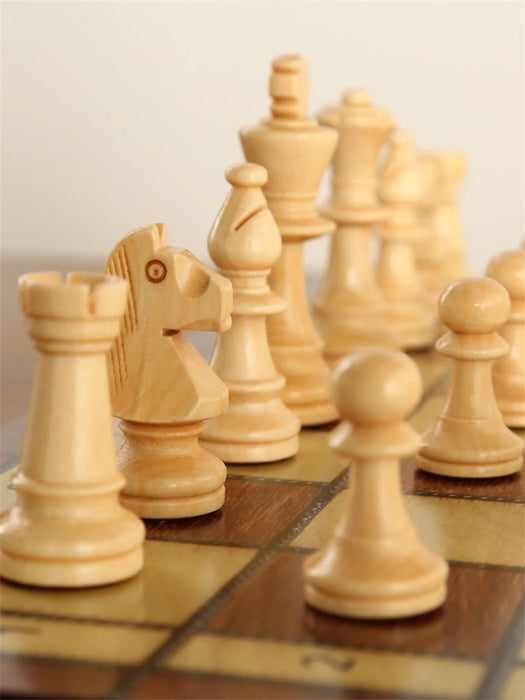 Retro 3-in-1 Wooden Chess Set — Foldable Chessboard with Checkers & Backgammon
