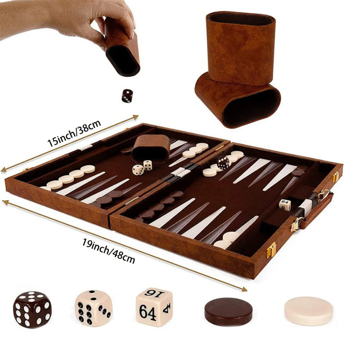 38cm (15") Backgammon Set – Folding Board with Leather Case, Portable Travel Game, Gift for Strategy Lovers