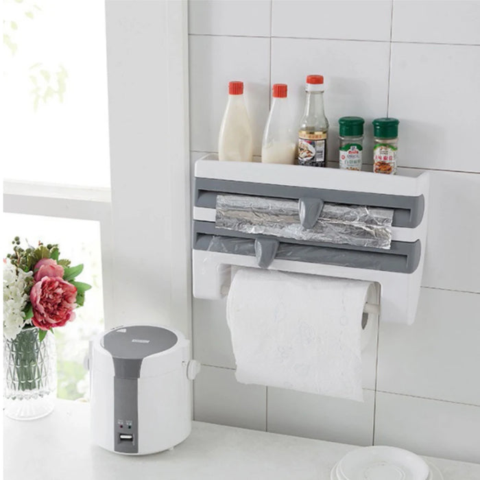Wall-Mounted Wrap Dispenser with Cutter — Grey ABS, 39 x 24 x 10 cm