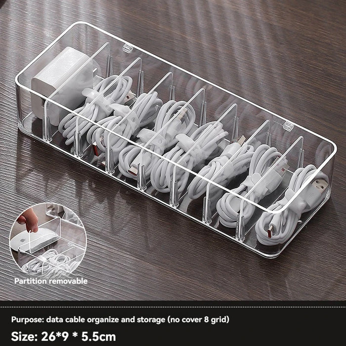 8-Compartment Transparent Acrylic Cable Organiser Box with Dustproof Cover