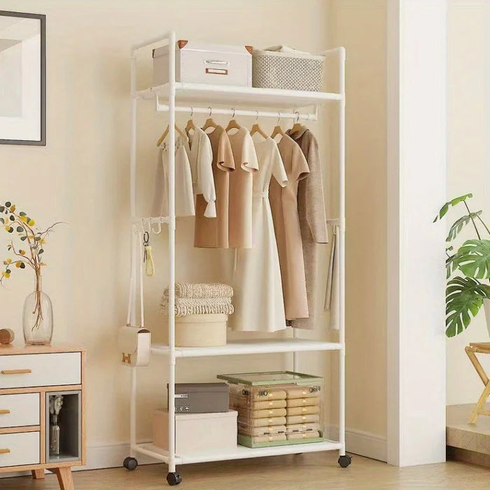 Clothing Storage Rack with Wheels, Hooks & Shelves — Freestanding Metal Organiser