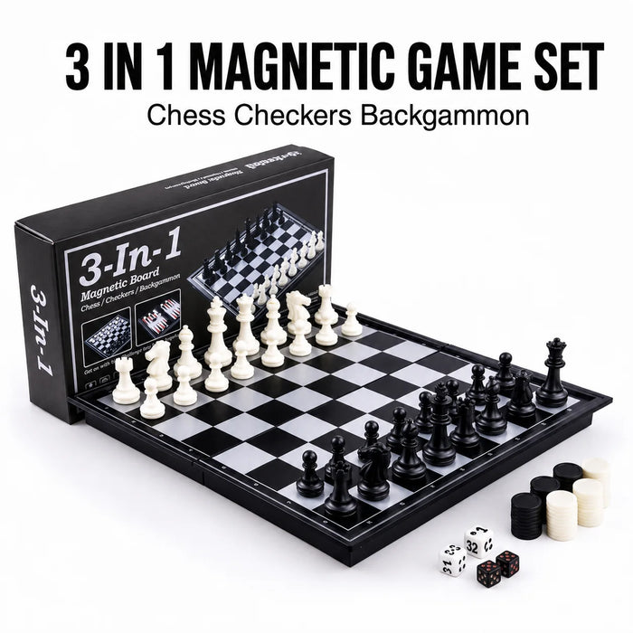 3-in-1 Magnetic Travel Board — Chess, Checkers & Backgammon (25/32/36 cm)