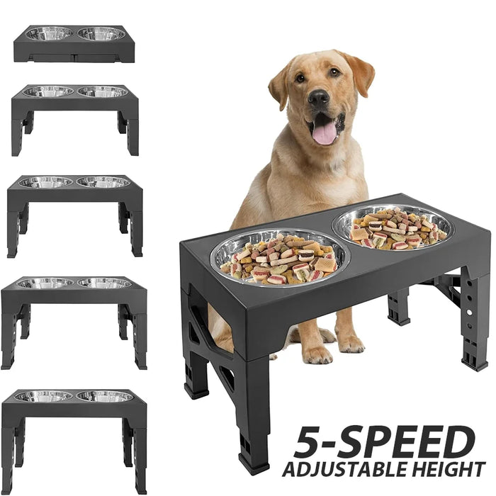 Adjustable Raised Dog Feeding Station with Two Stainless Steel Bowls - Black